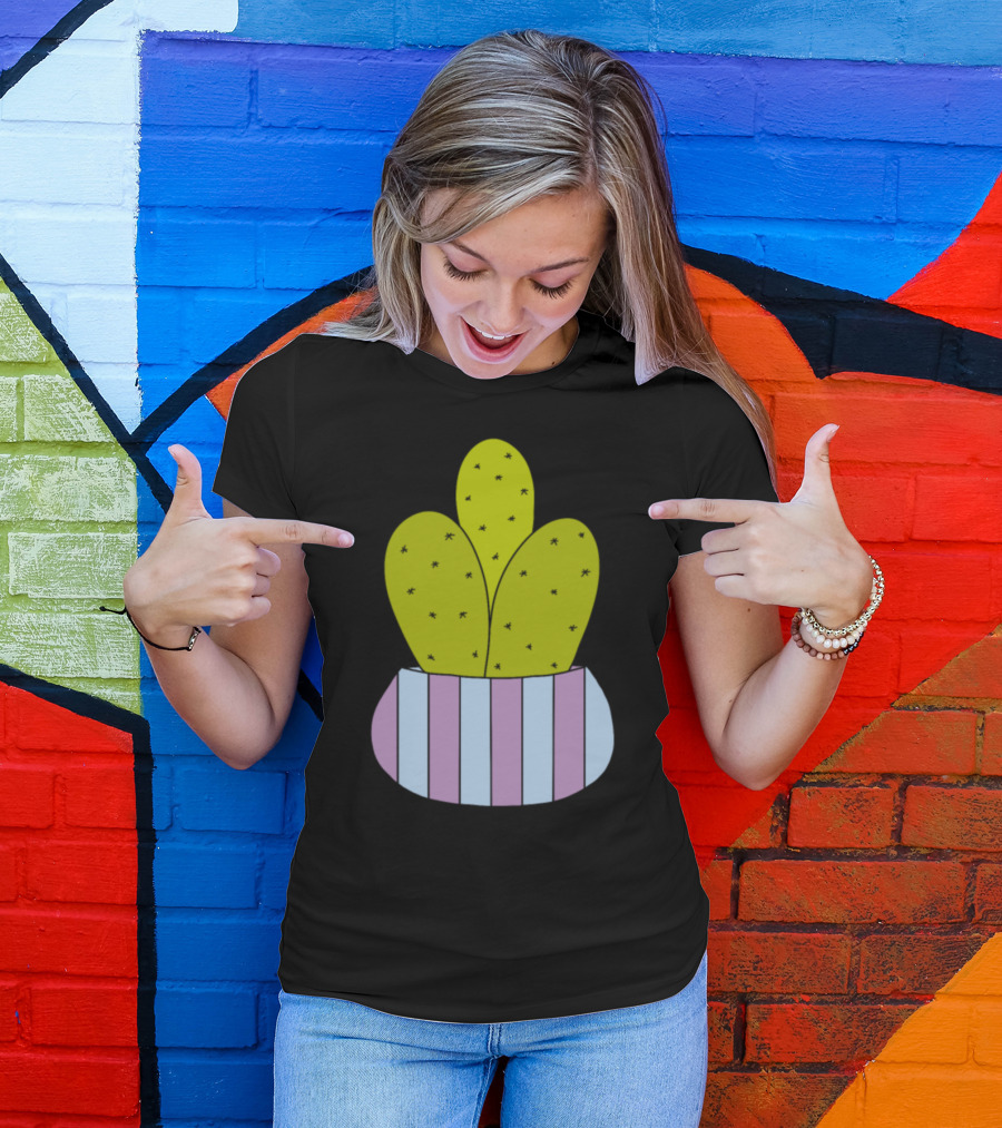 Cacti In A Striped Pot With Green And Purple Accents T-Shirt