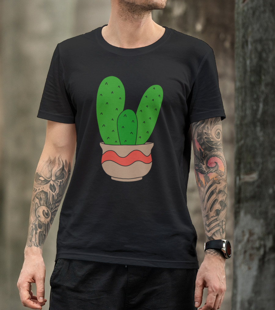 Cacti In Cute Pot With Simple Red Wavy T-Shirt