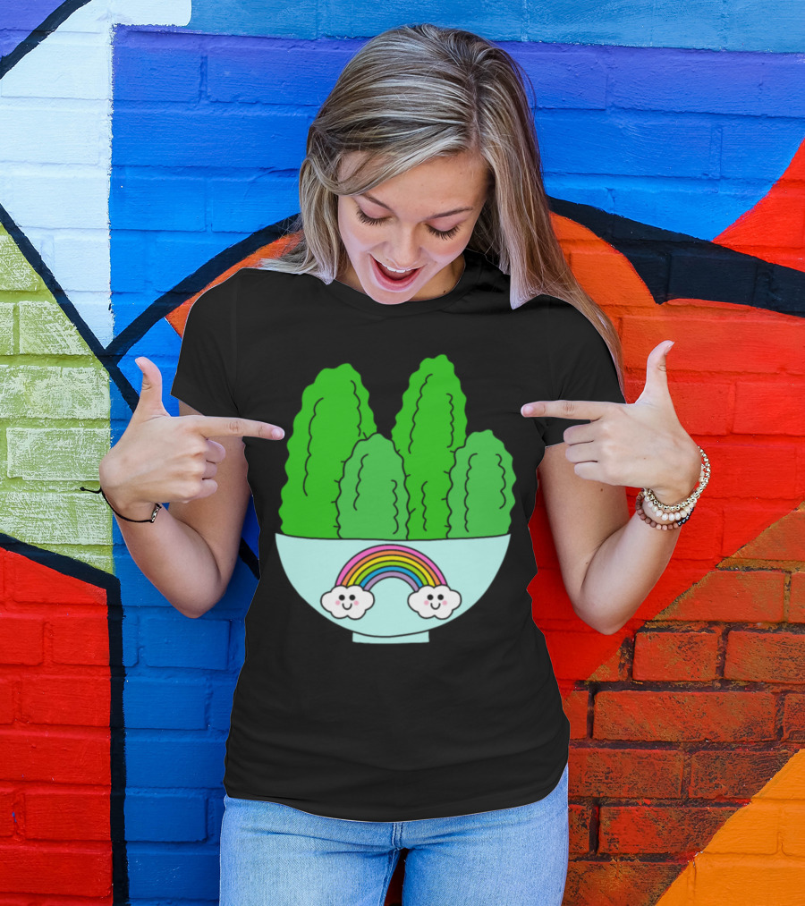 Cacti With Smiling Clouds And Rainbow In Cute Bowl T-Shirt