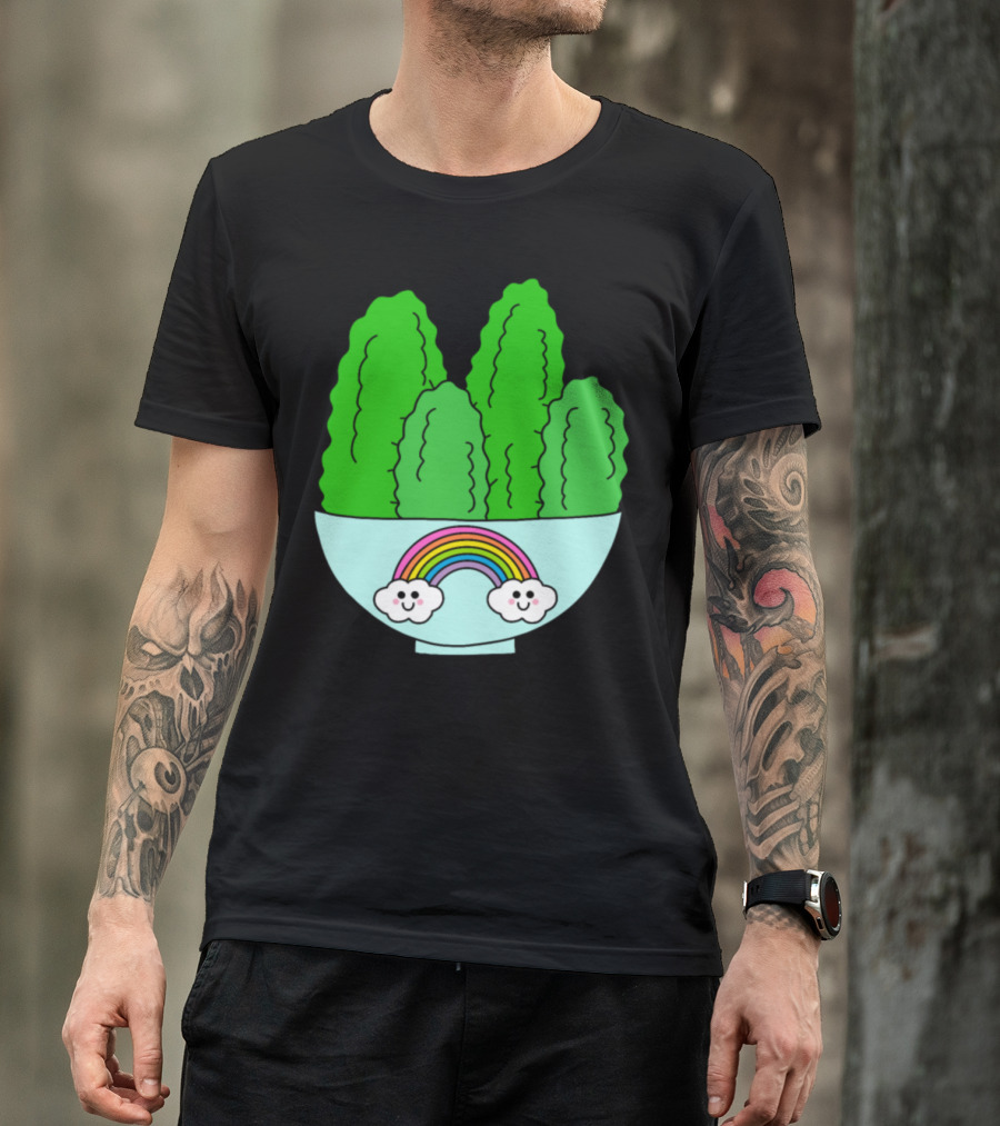 Cacti With Smiling Clouds And Rainbow In Cute Bowl T-Shirt