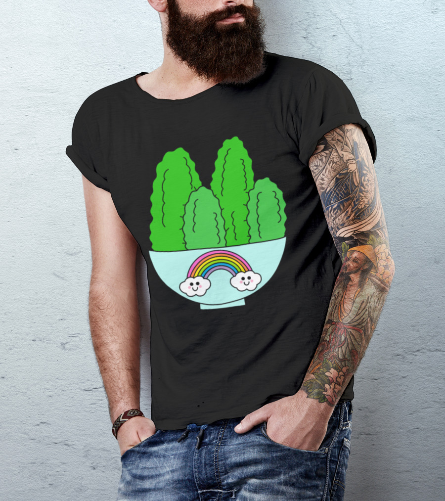 Cacti With Smiling Clouds And Rainbow In Cute Bowl T-Shirt