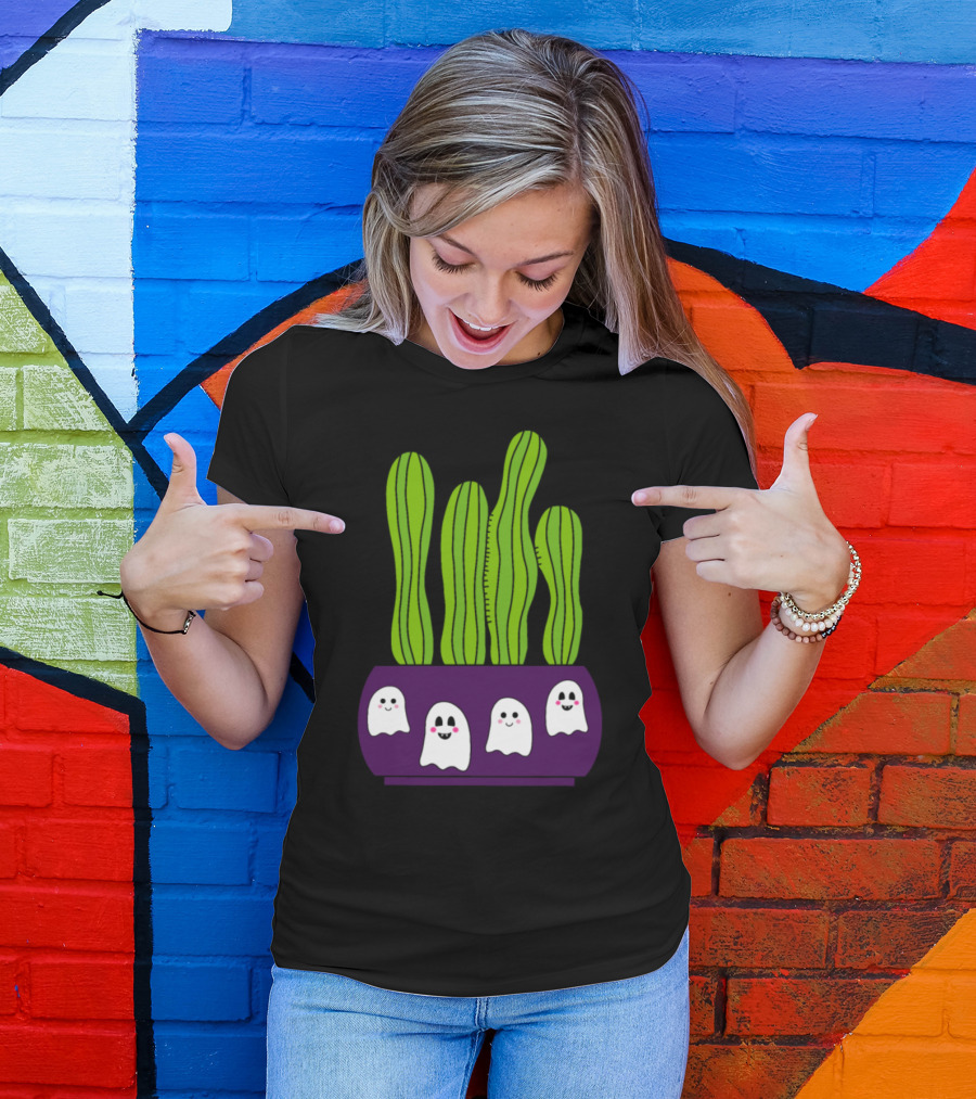Cacti In Halloween Ghosts Pot T-Shirt