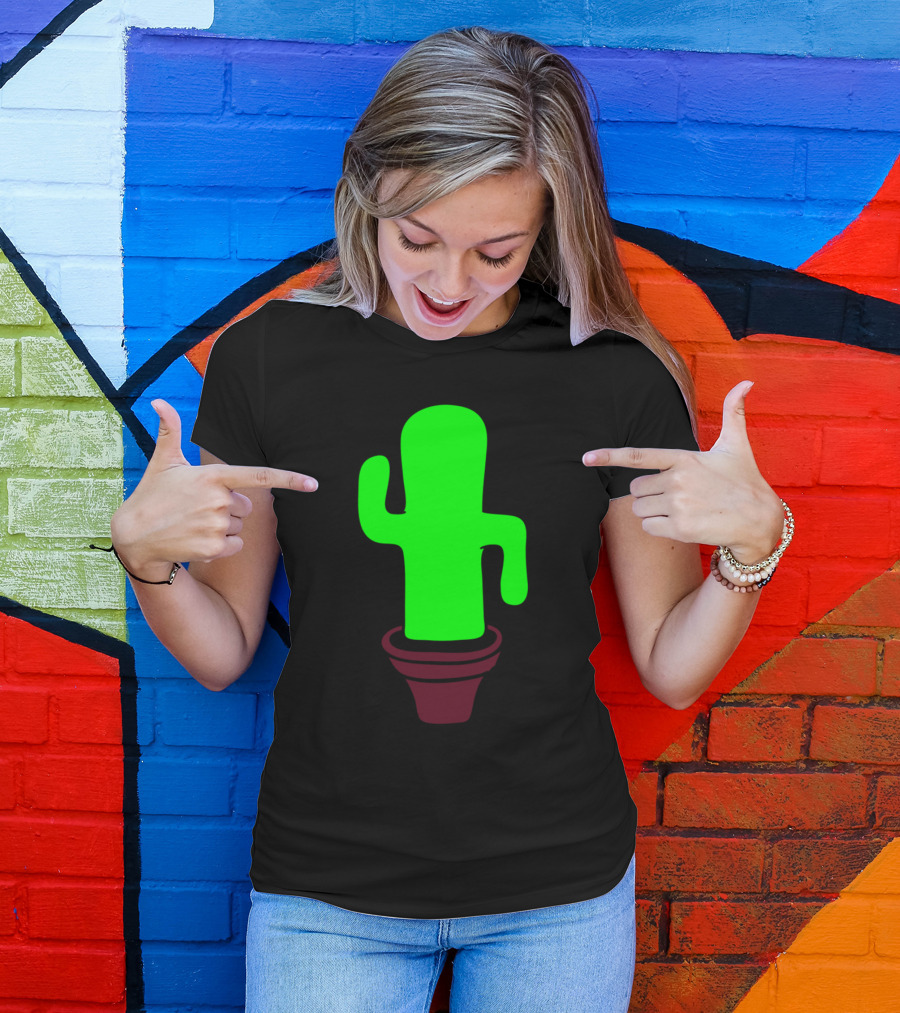 Cactus Dancing Sweet Cute Flowerpot Vibrant Green Cartoon T-Shirt