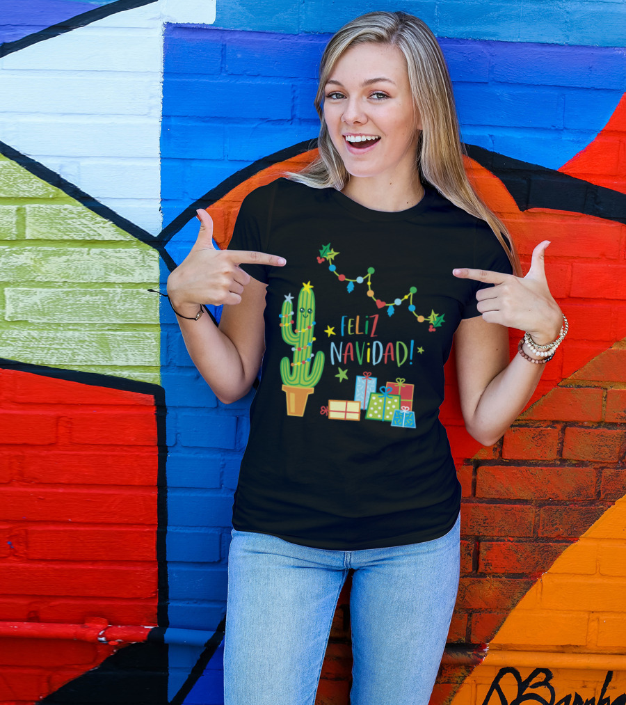 Feliz Navidad Cactus With Christmas Lights And Gifts T-Shirt