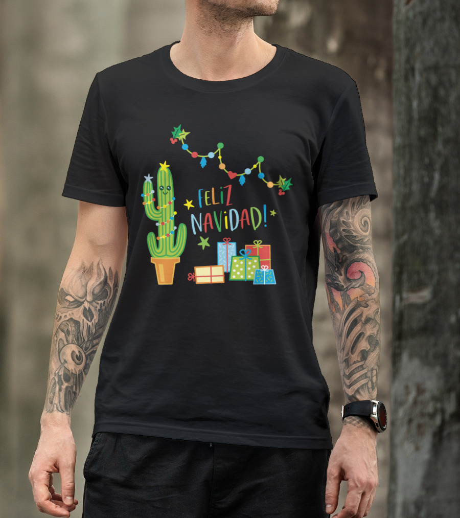 Feliz Navidad Cactus With Christmas Lights And Gifts T-Shirt