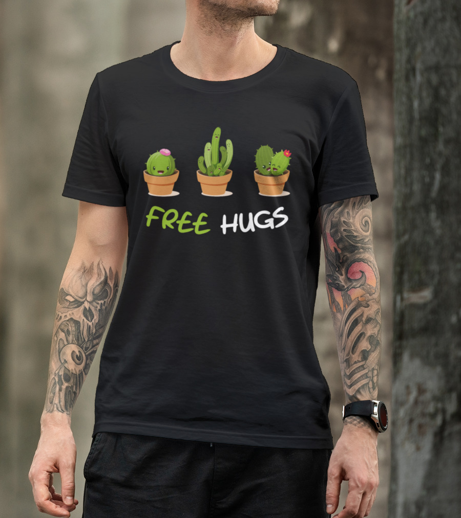 Free Hugs Cute Spiky Cactus Trio Playful Potted Plants T-Shirt