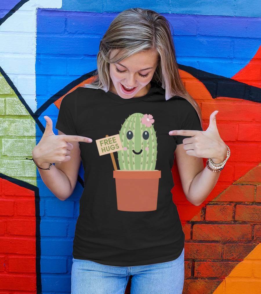 Cactus Free Hugs Flower Pot Decor With Smiley Face T-Shirt