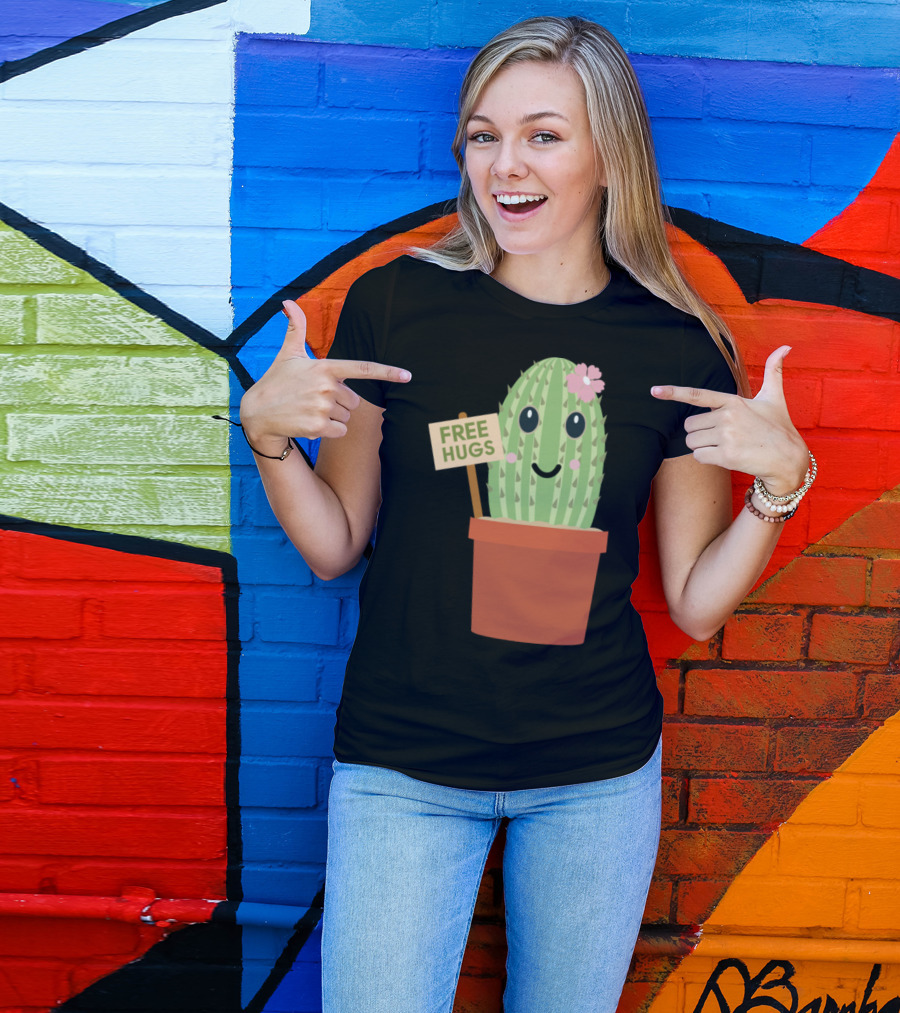 Cactus Free Hugs Flower Pot Decor With Smiley Face T-Shirt