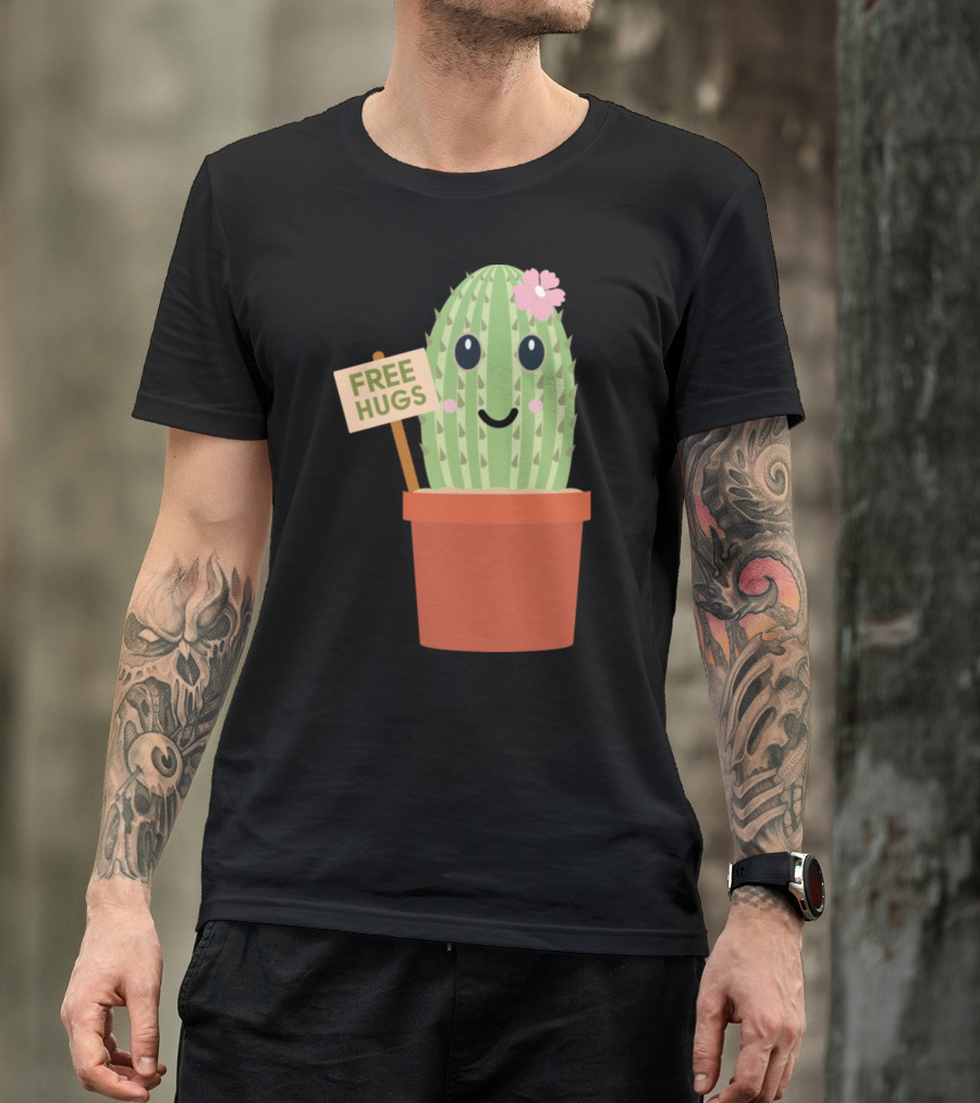 Cactus Free Hugs Flower Pot Decor With Smiley Face T-Shirt