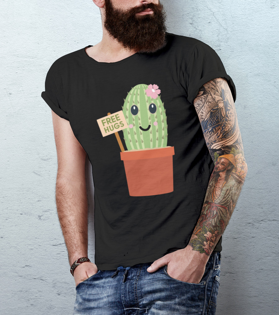 Cactus Free Hugs Flower Pot Decor With Smiley Face T-Shirt