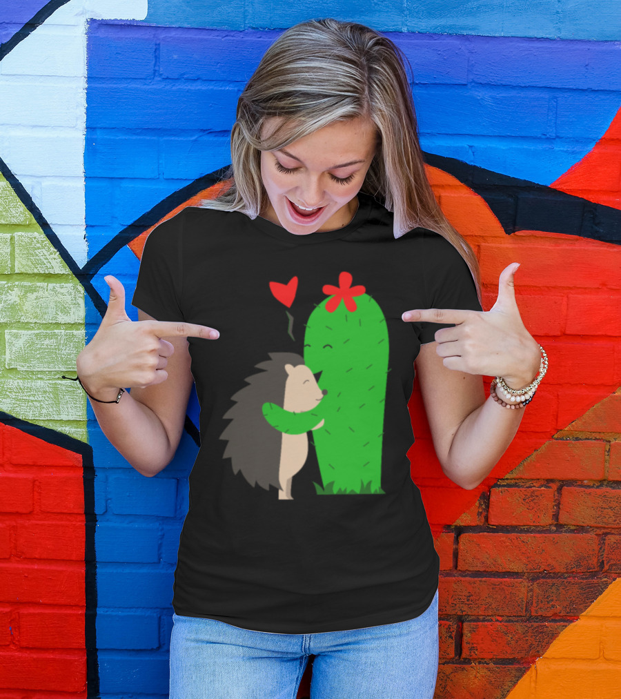 Cactus And Hedgehog Friends Embrace Love Heart Sting T-Shirt