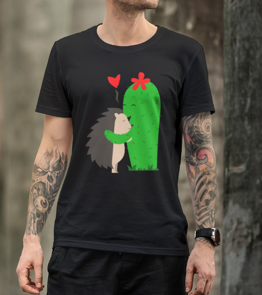 Cactus And Hedgehog Friends Embrace Love Heart Sting T-Shirt