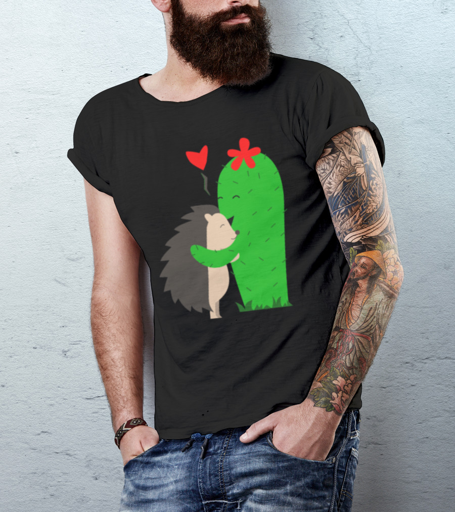 Cactus And Hedgehog Friends Embrace Love Heart Sting T-Shirt