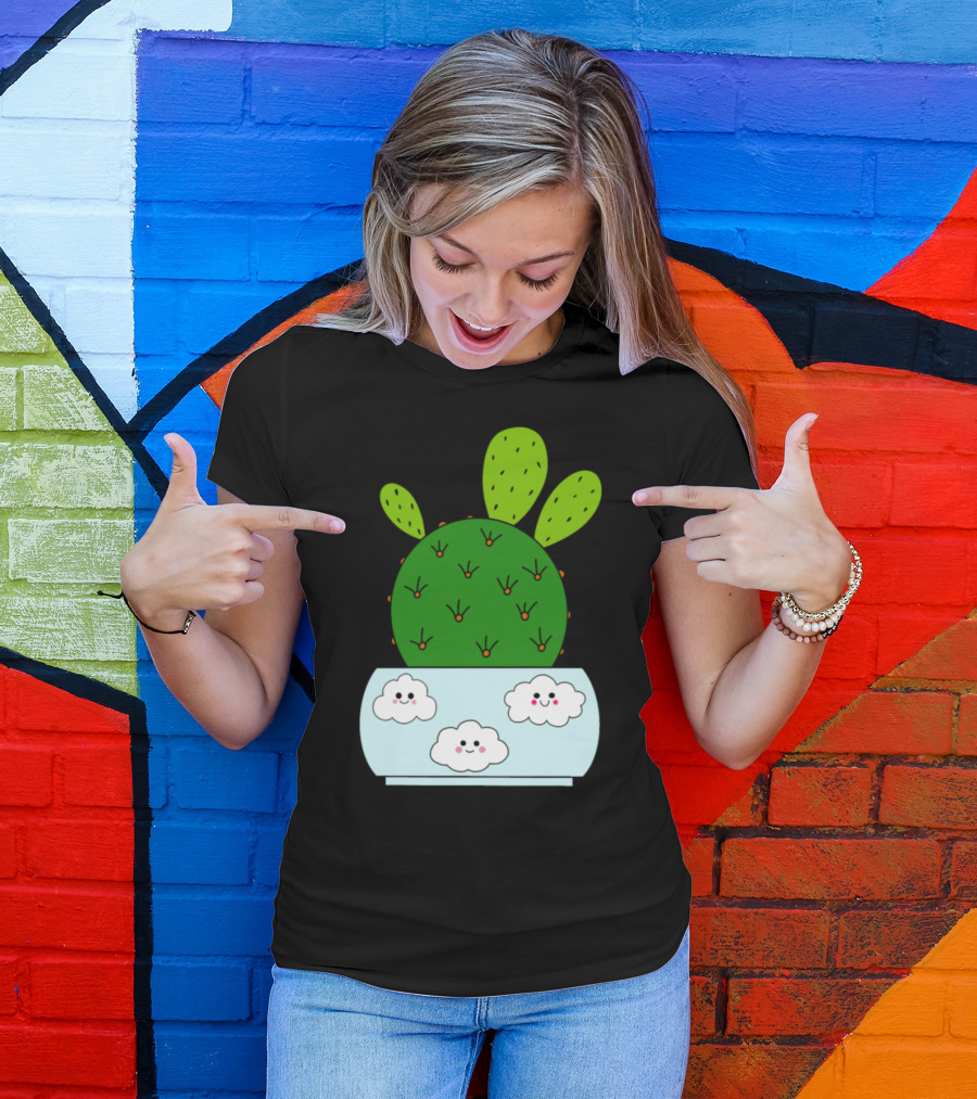 Cactus Hybrid In Cute Pot With Smiling Clouds T-Shirt