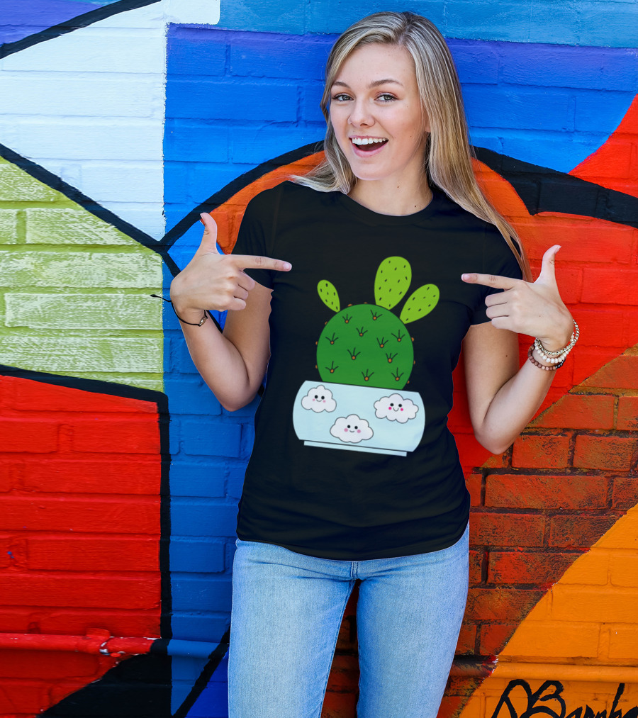 Cactus Hybrid In Cute Pot With Smiling Clouds T-Shirt