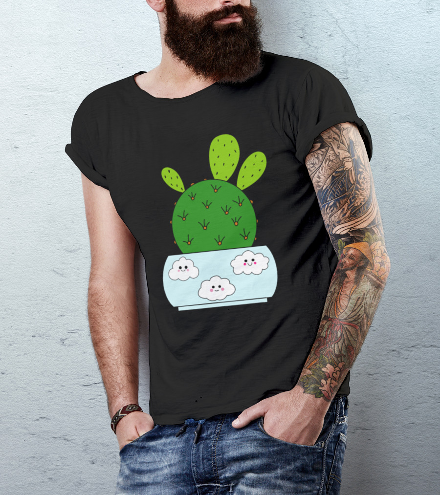 Cactus Hybrid In Cute Pot With Smiling Clouds T-Shirt