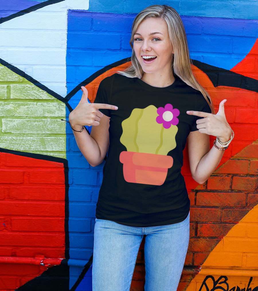 Cactus With Pink Flower In Orange Pot T-Shirt