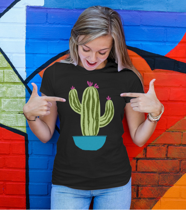Cactus With Pink Flowers In A Blue Shallow Pot T-Shirt