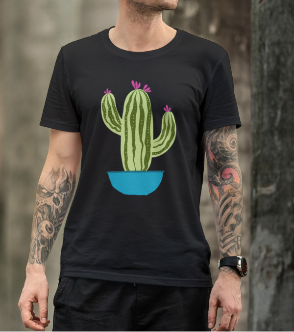 Cactus With Pink Flowers In A Blue Shallow Pot T-Shirt