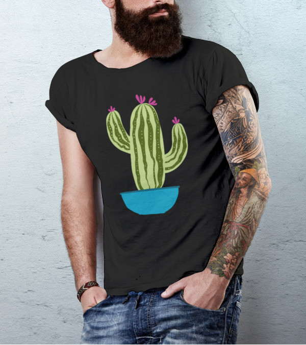Cactus With Pink Flowers In A Blue Shallow Pot T-Shirt