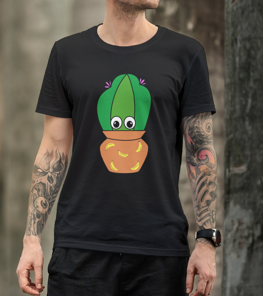 Cactus In A Banana-Decorated Pot With Cute Eyes And Flowers T-Shirt