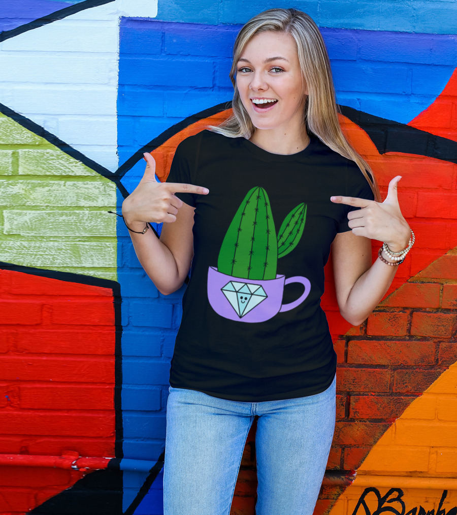 Cactus In Diamond Mug With Smiling Face T-Shirt