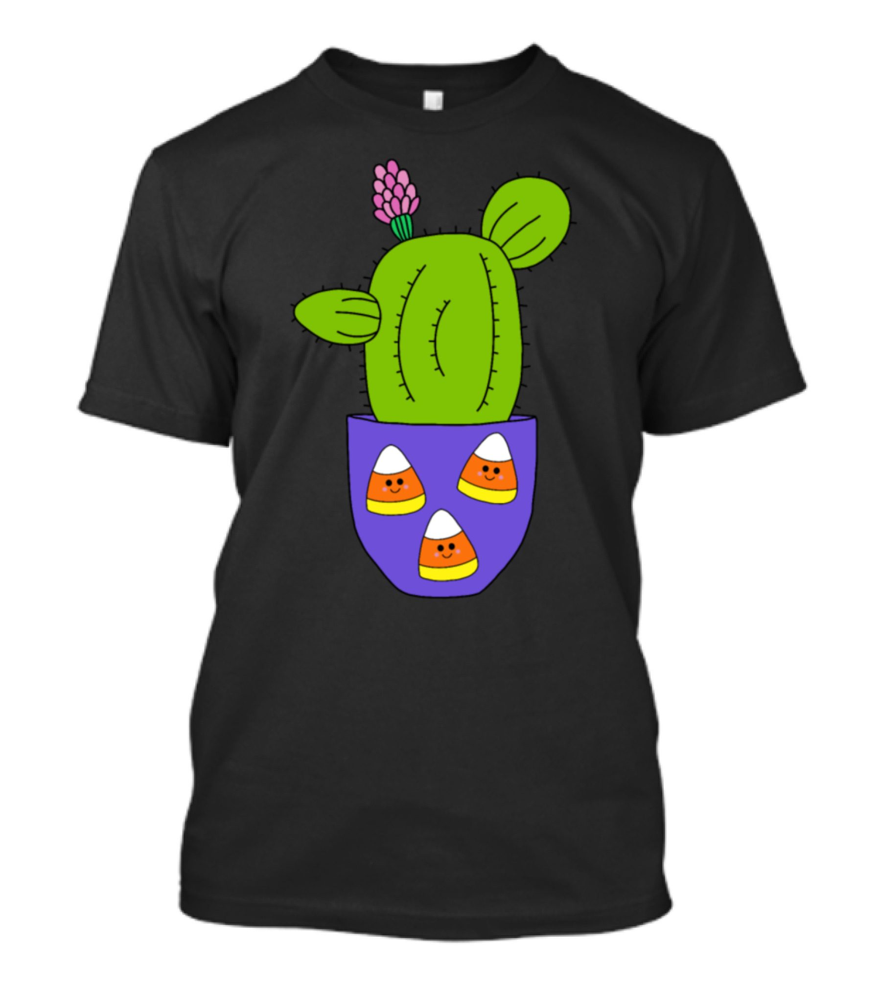 Cactus In Candy Corn Halloween Pot With Smiling Faces T-Shirt