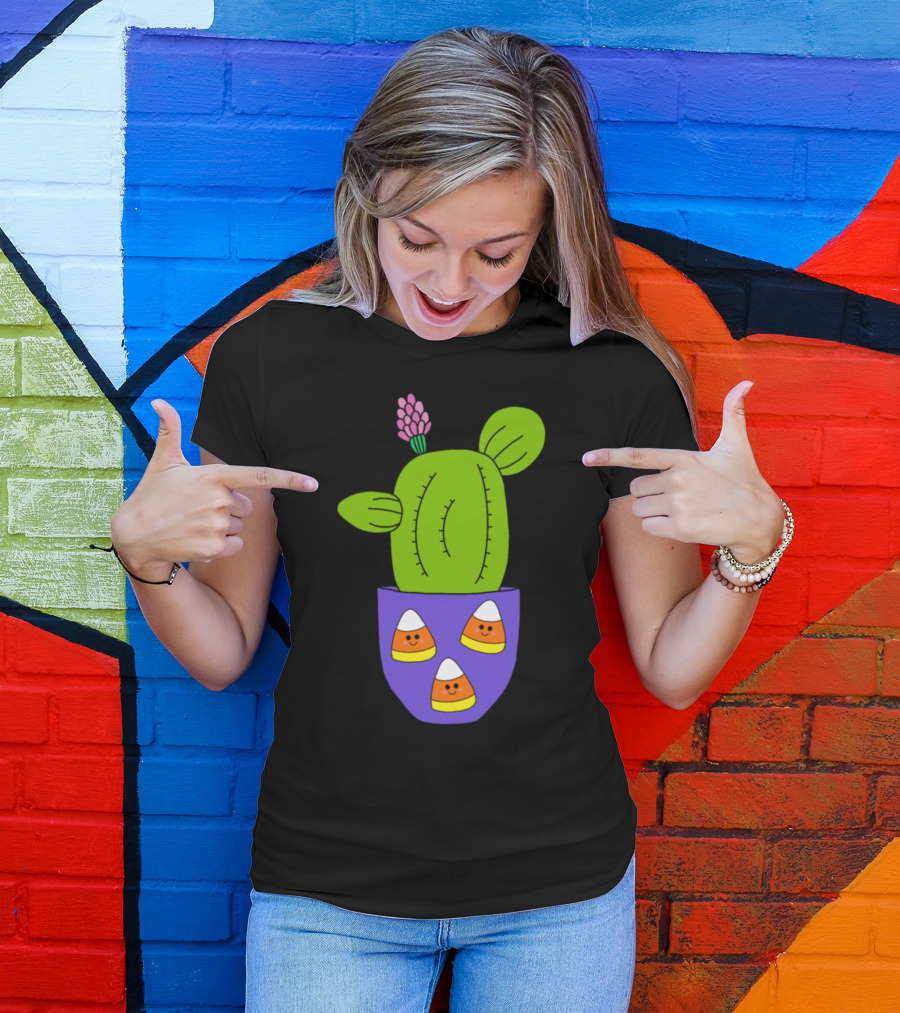 Cactus In Candy Corn Halloween Pot With Smiling Faces T-Shirt