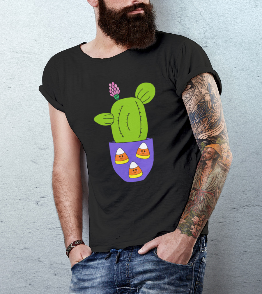 Cactus In Candy Corn Halloween Pot With Smiling Faces T-Shirt