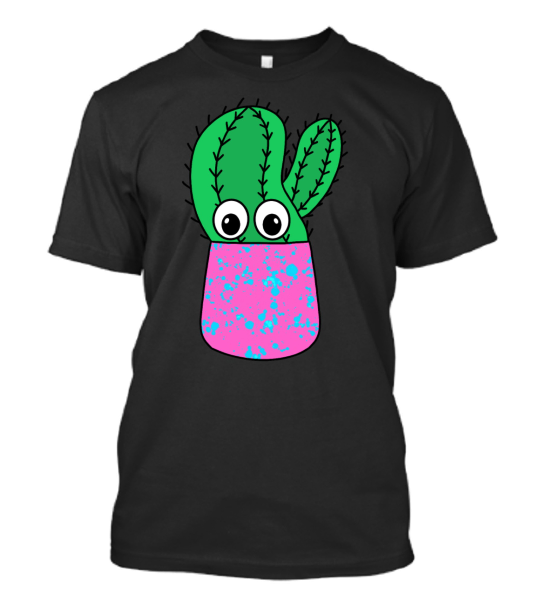 Cactus With Googly Eyes In Pink And Blue Splattered Pot T-Shirt