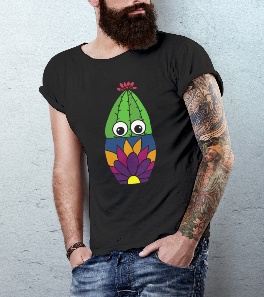 Cactus In Floral Pot With Colorful Flower T-Shirt