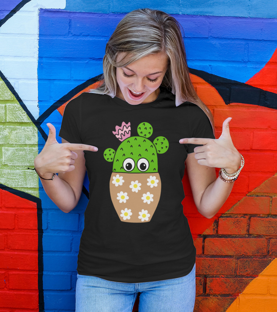 Cactus In Daisy Jar With Eyes And Pink Flower T-Shirt