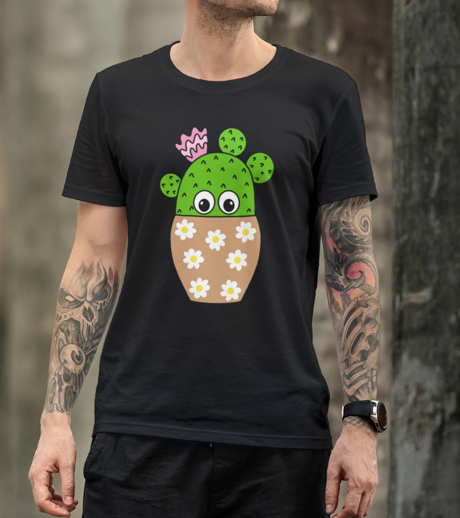 Cactus In Daisy Jar With Eyes And Pink Flower T-Shirt