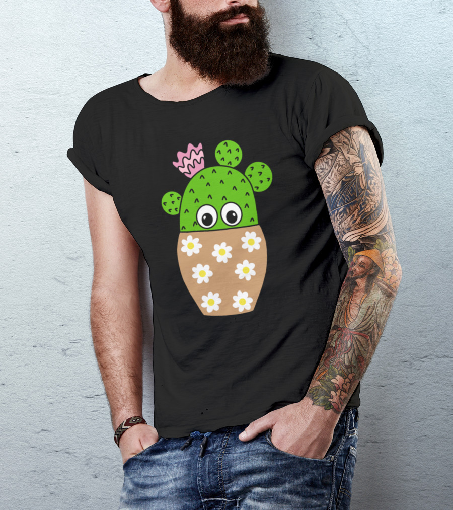 Cactus In Daisy Jar With Eyes And Pink Flower T-Shirt