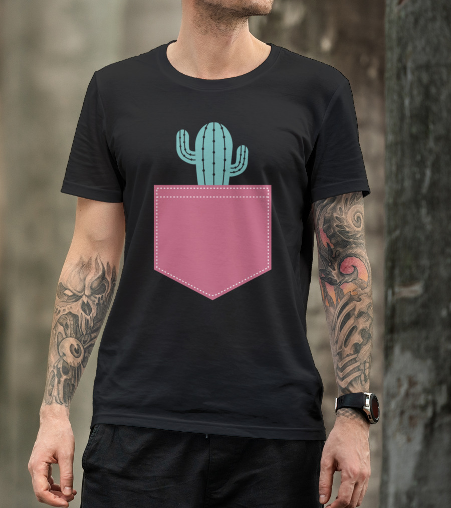 Cactus In The Pocket Cute Pastel Green Desert Plant Peeking Out Of Pink Pocket T-Shirt