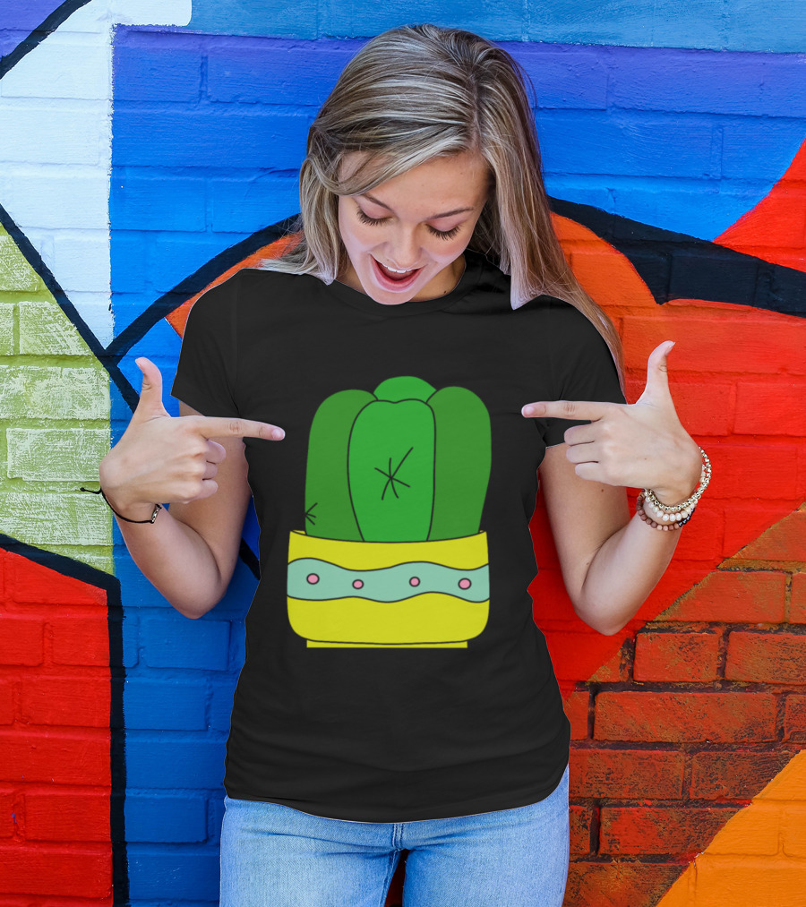 Cactus In Yellow Pot With Pink Dots And Wavy Green Stripe T-Shirt