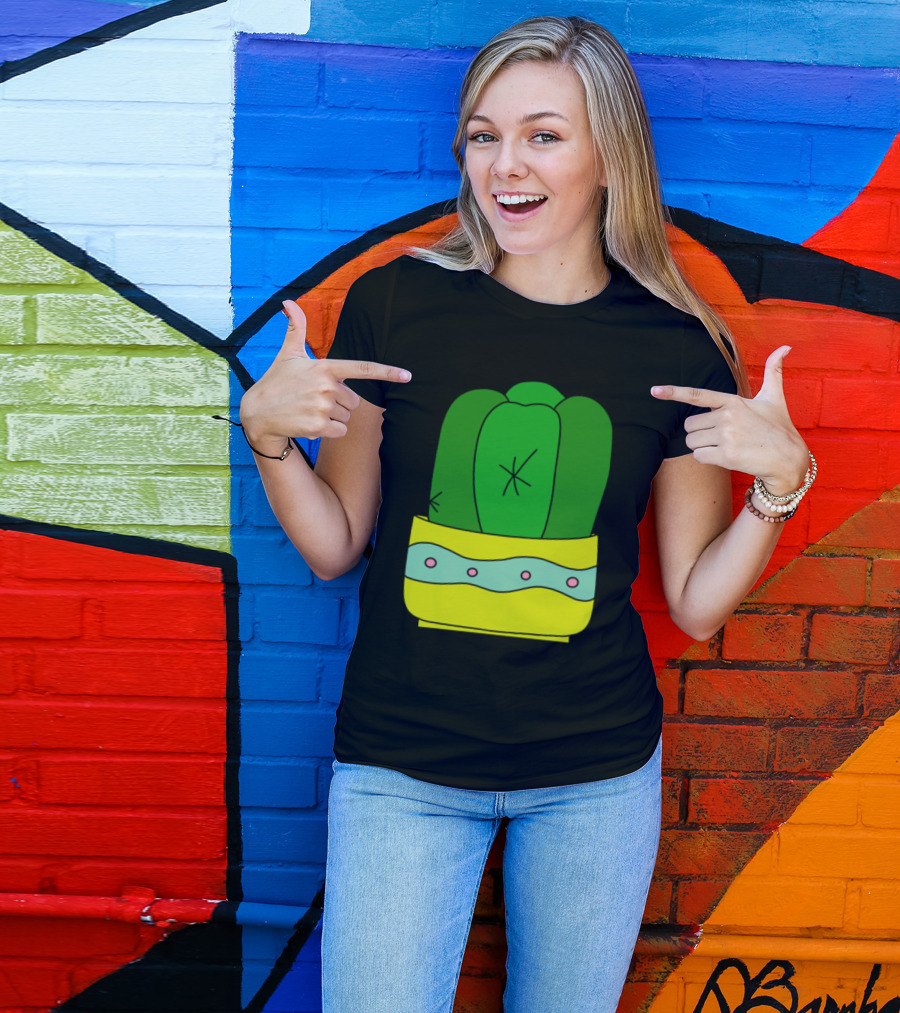 Cactus In Yellow Pot With Pink Dots And Wavy Green Stripe T-Shirt