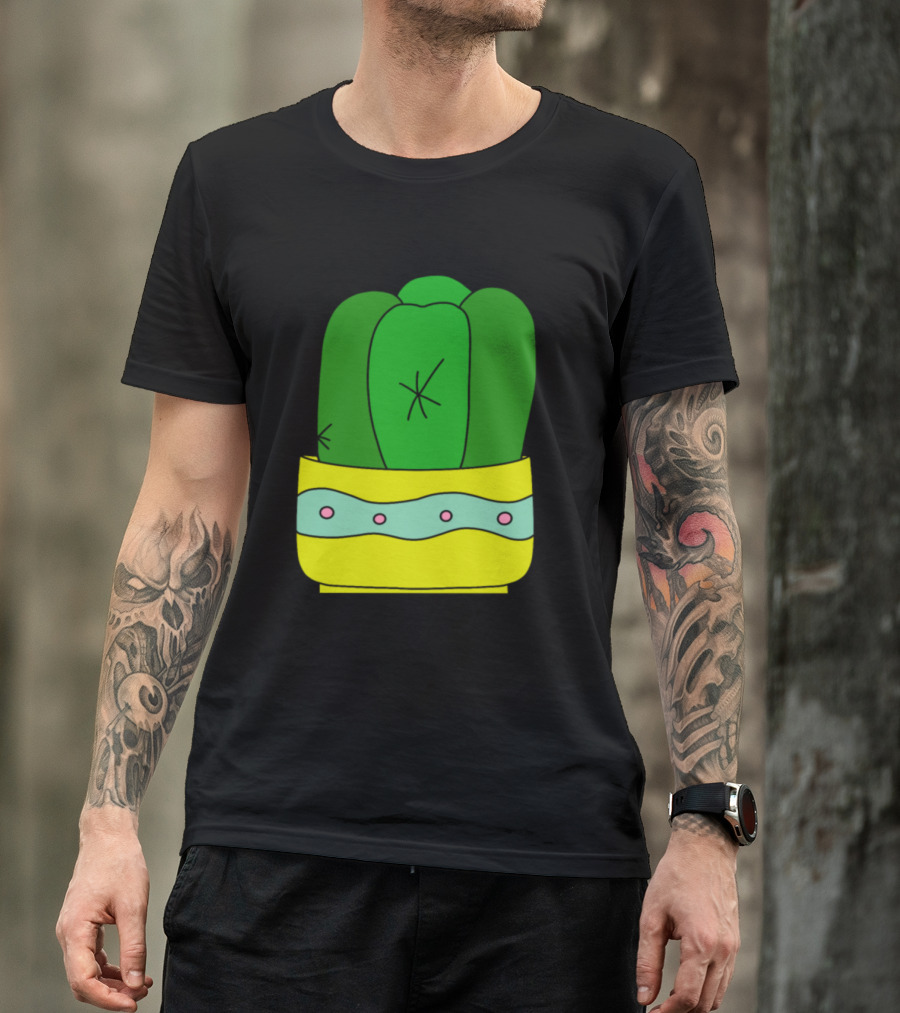 Cactus In Yellow Pot With Pink Dots And Wavy Green Stripe T-Shirt