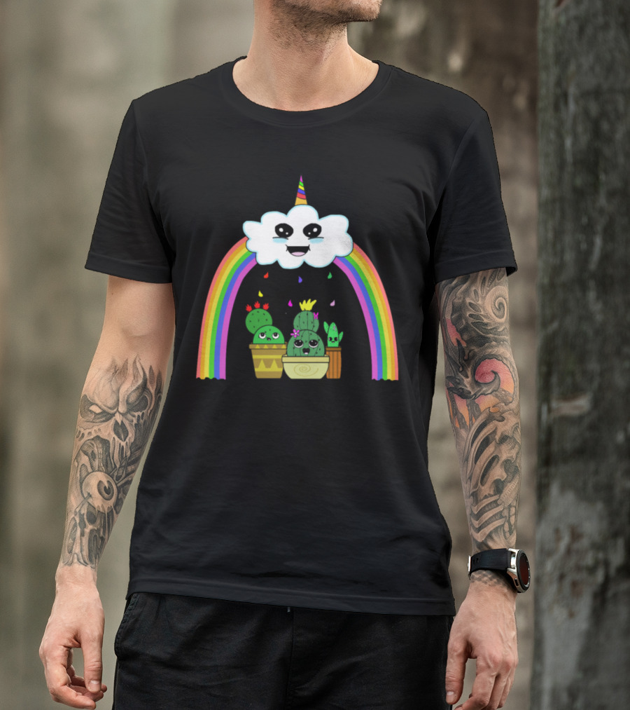 Cactus Rainbow Unicorn Cloud With Smiling Plants And Flowercontest T-Shirt