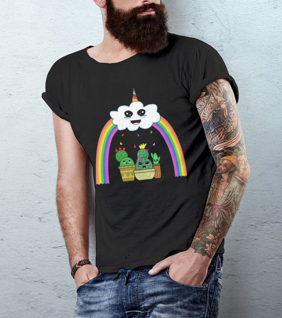 Cactus Rainbow Unicorn Cloud With Smiling Plants And Flowercontest T-Shirt