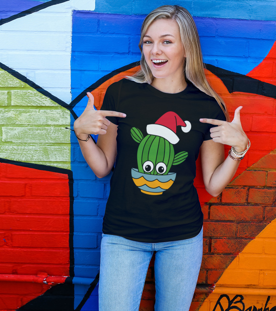 Cactus With Santa Hat In A Decorative Bowl T-Shirt