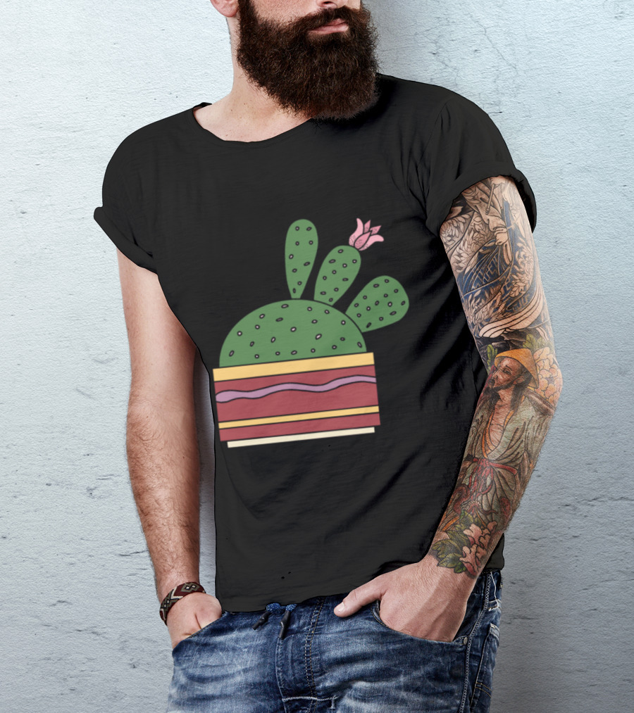 Cactus With Beautiful Flower In Geometric Pot With Pastel Pink Blossom T-Shirt
