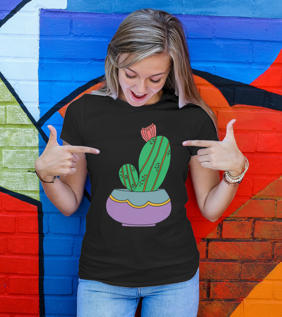 Cactus With Bloom In Colorful Pot T-Shirt