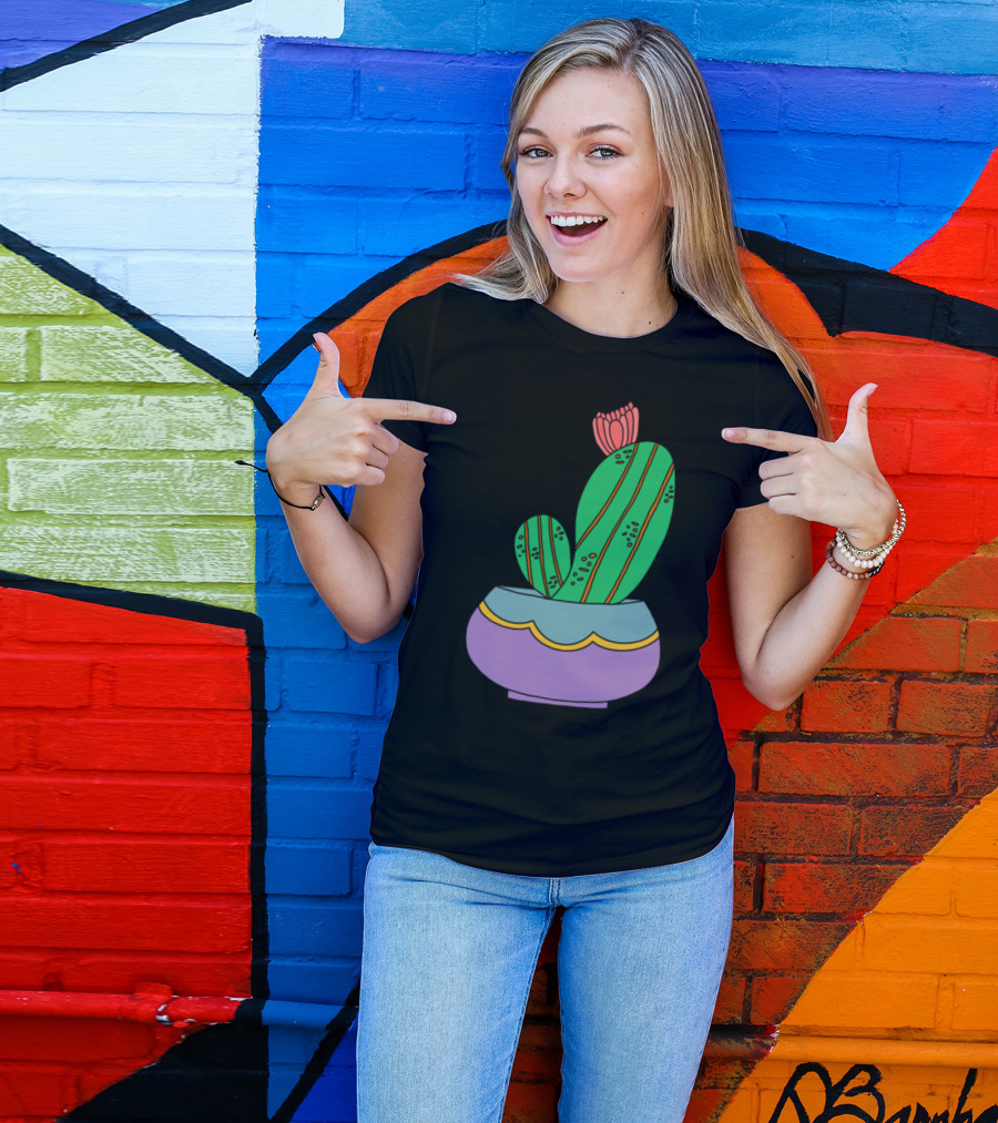 Cactus With Bloom In Colorful Pot T-Shirt