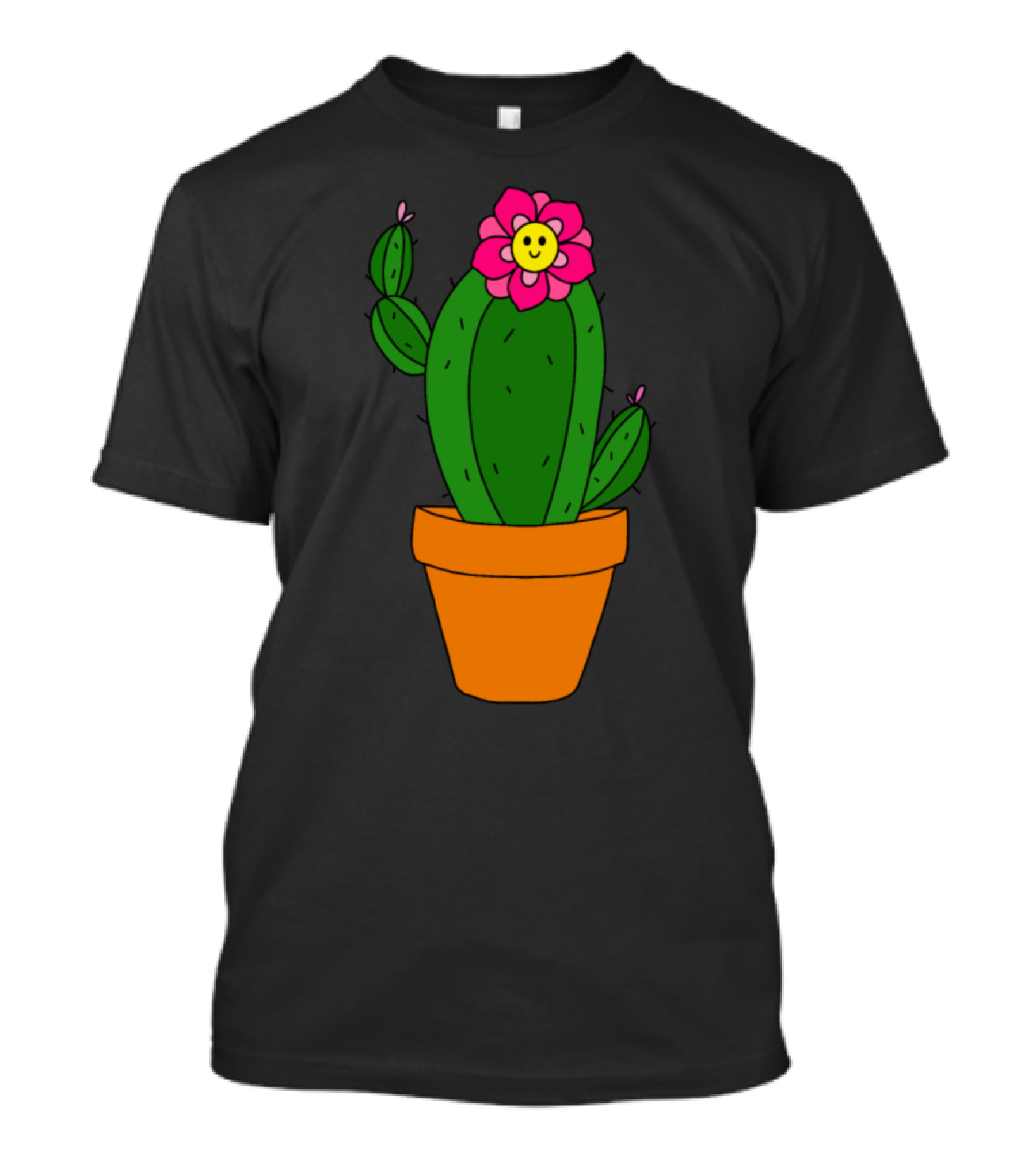 Cactus With Adorable Smiling Pink Flower In Terracotta Planter T-Shirt