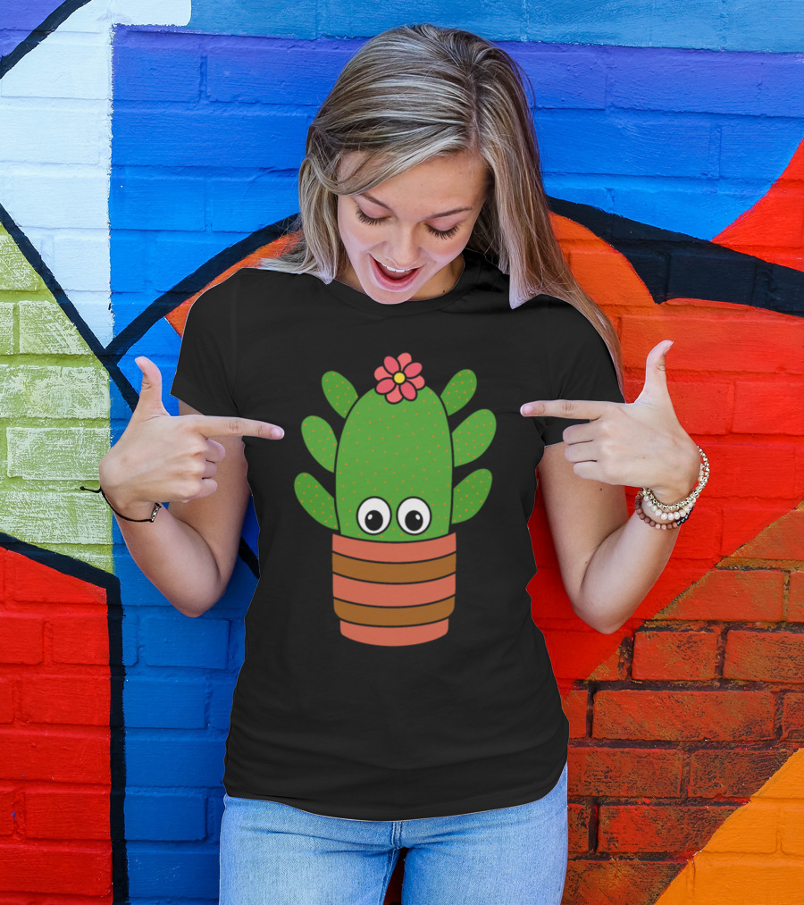 Cactus With Big Eyes And Pink Flower In Striped Pot T-Shirt