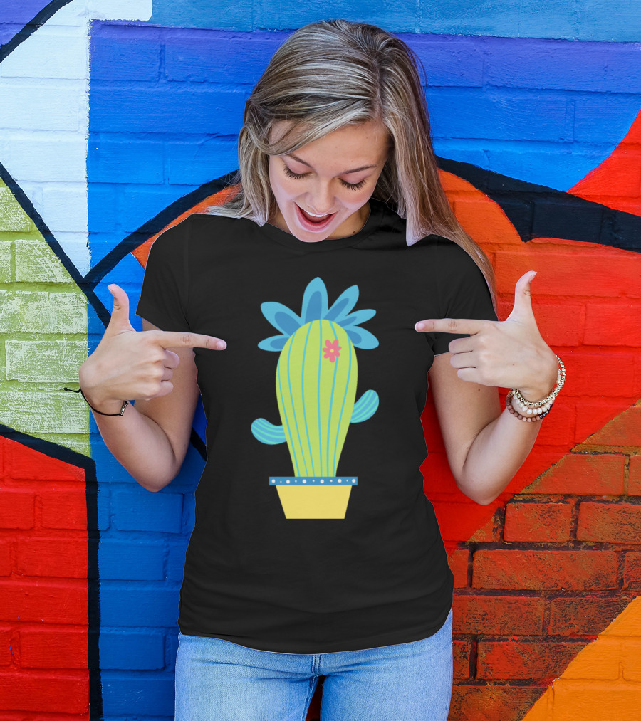 Cactus With Blue Flower Crown In Yellow Polka Dot Pot T-Shirt