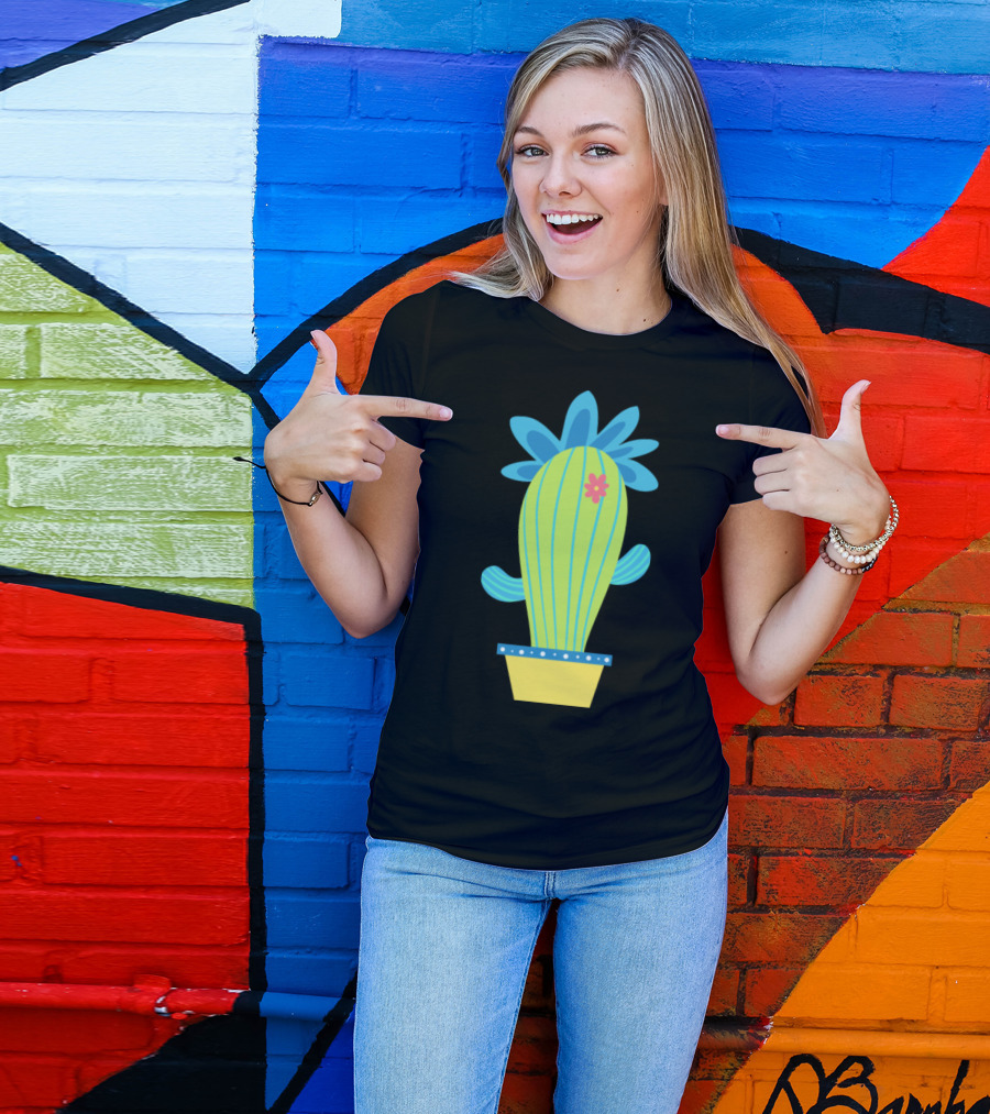 Cactus With Blue Flower Crown In Yellow Polka Dot Pot T-Shirt