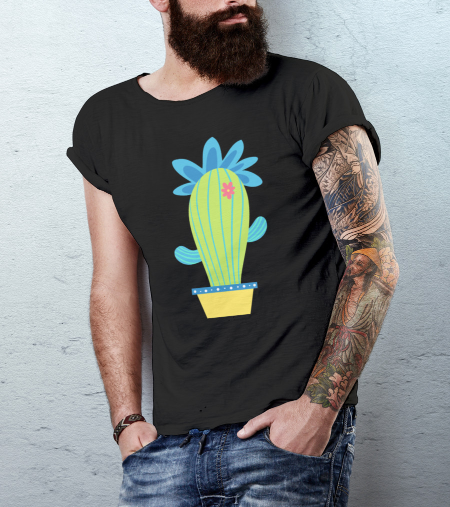 Cactus With Blue Flower Crown In Yellow Polka Dot Pot T-Shirt