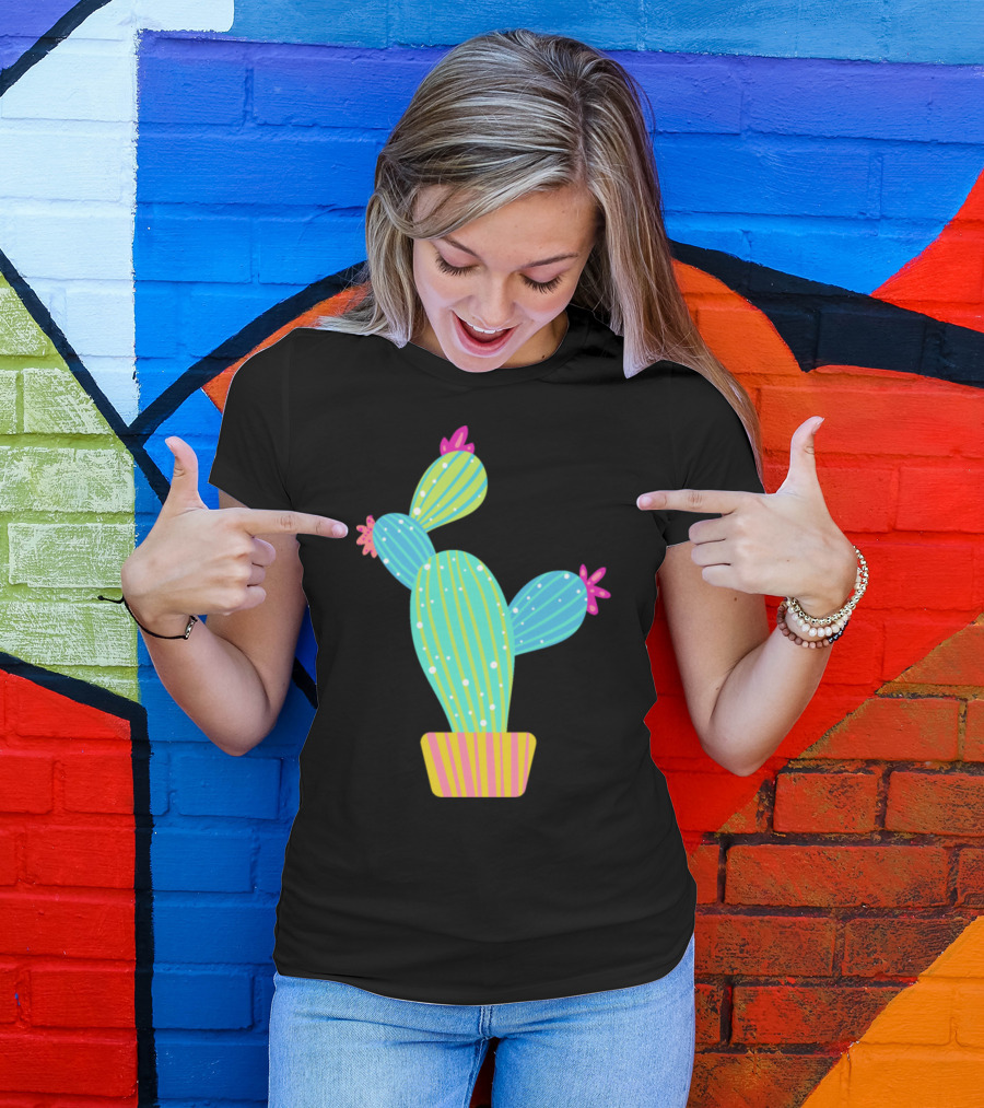 Colorful Striped Cactus In Pot With Pink Flowers T-Shirt